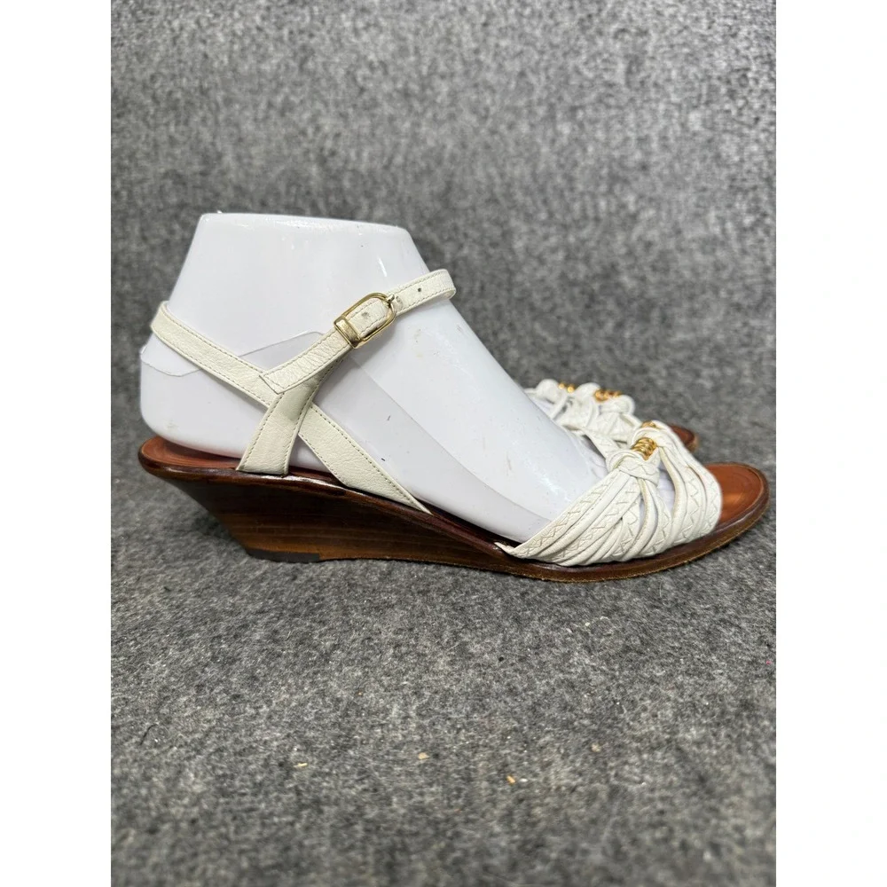 Sesto Meucci White Leather Braided Gold Chain Wedge Ankle Strap Wood Heel 8.5 AA